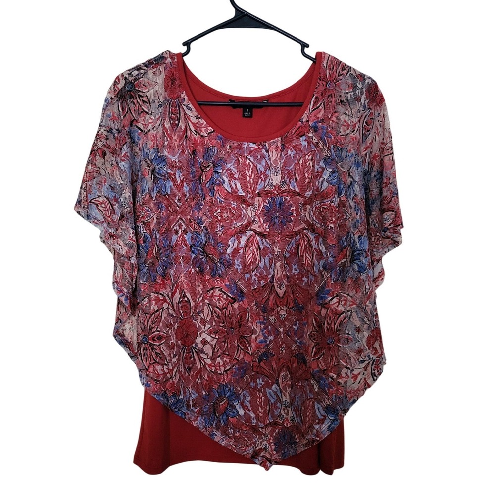Zac & Rachel Layered Blouse Women Small Red Floral Mesh Handkerchief Hem Top